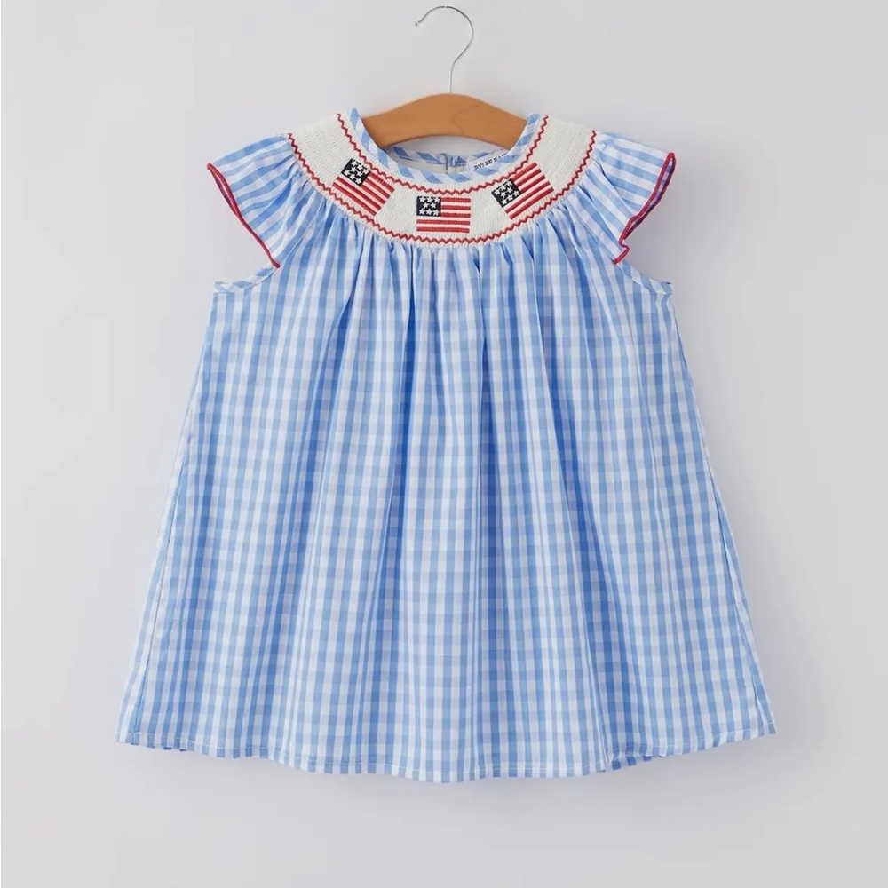 New Girls Independence Day Fourth of July American Flag Embroider Smocked Dress
